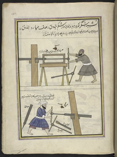 Armeiros perfurando um cano de arma,  86 desenhos encadernados em um volume representando ofícios e ocupações na Caxemira, artesãos são mostrados trabalhando com seus implementos e equipamentos,  Por um artista da Caxemira, provavelmente em Srinagar, c.185 de Indian School