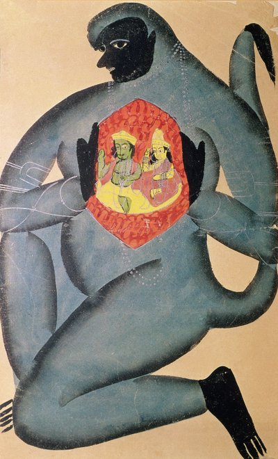 Hanuman revelando Rama e Sita consagrados em seu coração, pintados por um membro da casta Patua, 1880 de Indian School