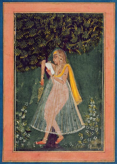 Senhora hindu a ler uma carta de amor debaixo de uma árvore (guache, tinta e ouro sobre papel) de Indian School