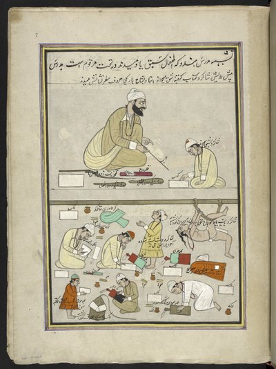 Professor hindu com alunos,  86 desenhos encadernados em um volume representando ofícios e ocupações na Caxemira, artesãos são mostrados trabalhando com seus implementos e equipamentos,  Por um artista da Caxemira, provavelmente em Srinagar, c.1850-60 (gua de Indian School