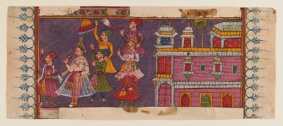Holimens e cortesãos montam antes de um príncipe (wc opaca e ouro no papel) (ver 406510 para o verso) de Indian School