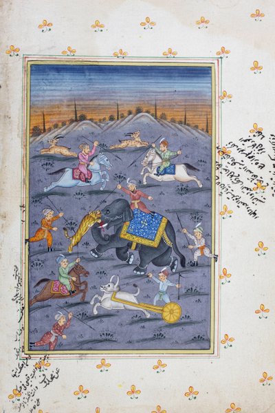 Cena de caça, pintura em miniatura de Rajasthani de Indian School