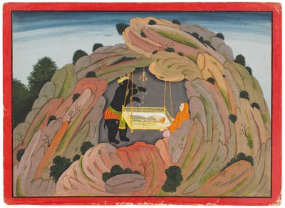 Ilustração para o Bhagavata Purana: Jambavan entrega a jóia Symantaka para sua filha brincar, c.1760-65 de Indian School