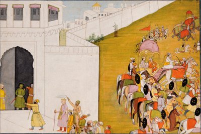 Ilustração para o Ramayana: Rama entra em Mithila para realizar um concurso de arco e flecha, c.1775-80 de Indian School
