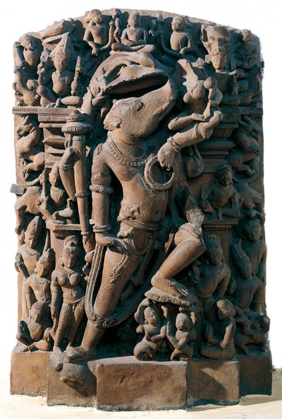 Arte Indiana: o divinita hindu Vishnu na forma de um javali. De Khajuraho, Índia. Período Chandela de Indian School