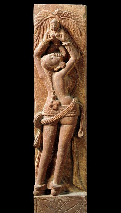 Arte indiana: meias em relevo representando uma mãe e seu filho. Período Kouchane (Kouchan ou Kushan) Século I - Nova Deli, museu nacional de Indian School
