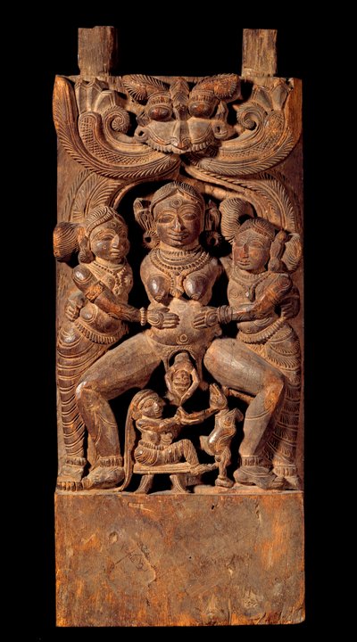 Arte indiana: representação de Mahamai, deusa mãe, dando à luz. Relevo de madeira do século XVIII Colecção privada de Indian School