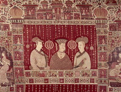 Mulher indiana com comerciantes europeus, região de Madras, Ahmedabad (algodão pintado) de Indian School