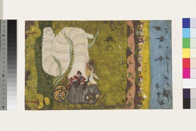 Isfandiyar ataca o dragão, c.1760 (wc opaco e ouro no papel) de Indian School