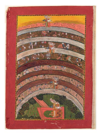 Percorrendo Terras Desconhecidas, das Viagens de Krishna em sua Carruagem, c.1750 (wc opaco, ouro e prata sobre papel) de Indian School