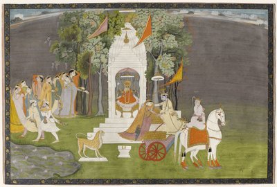 Krishna Rapting Rukmani do Templo, c.1810 (guache com ouro sobre papel) de Indian School