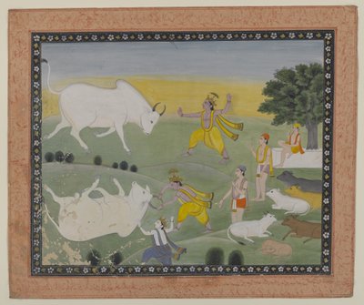 Krishna derrotando o Demônio Touro (aquarela sobre papel) de Indian School