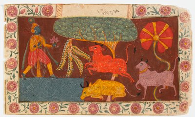 Krishna e as vacas em uma lagoa, de um Bhagavata Purana (wc opaca no papel) de Indian School