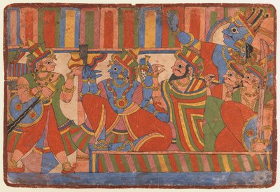 Krishna aconselha os líderes Pandava, c.1830-50 (wc opaco no papel) de Indian School
