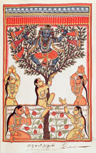 Krishna roubando as roupas do Gopi nadando no rio Yamuna (wc no papel) de Indian School