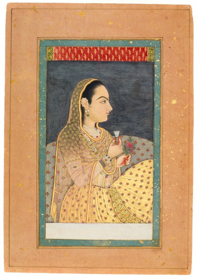 Lady segurando uma xícara e uma flor, início do século XVIII (wc com ouro e prata no papel) de Indian School