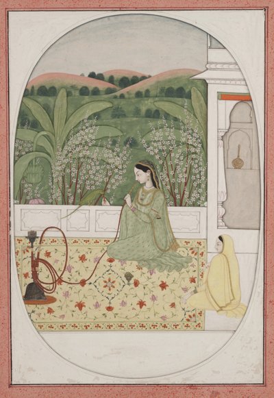Senhora num terraço com um gancho, c.1770 (guache e ouro sobre papel) de Indian School