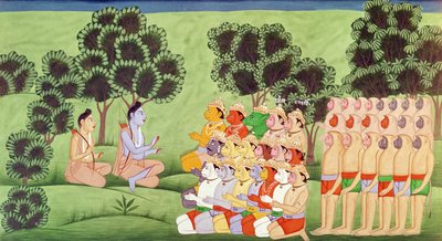 Lakshmana Consultando as cabeças dos exércitos de macacos, do Ramayana de Indian School