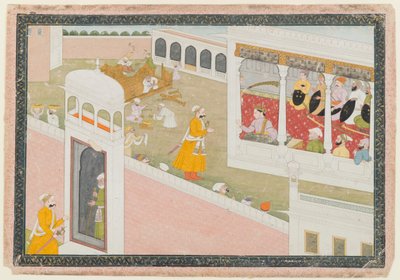 Folha de uma série dispersa de Hamir Hath, 1800-1810 (wc opaco e ouro no papel) de Indian School