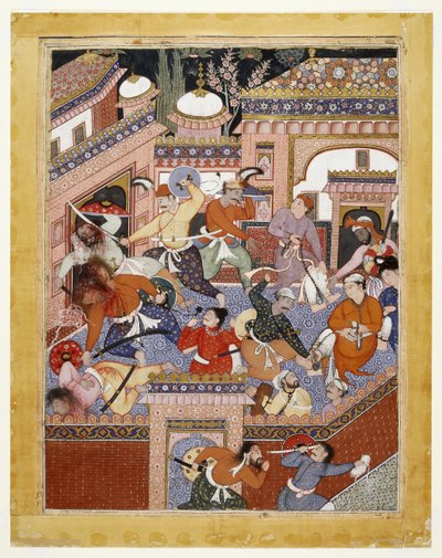 Liderados por Songhur Balkhi e Lulu, o Espião, os Ayyars cortam as gargantas dos Guardas Prisioneiros e o Livre Disse Farrukh-Nizhad, 1557-1572 (aquarela opaca e ouro em tecido de algodão) de Indian School