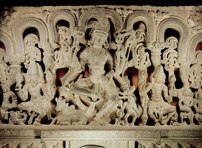 Lintel com trindade hindu, de Waranal, Andhra Pradesh, dinastia Kakatiya de Indian School