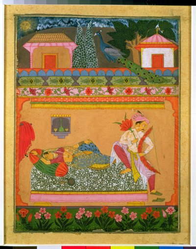 Lovers at Daybreak, ilustração do modo musical Raga Vibhasa, Deccan do Norte ou Sul do Rajastão, c.1675 (guache com prata e ouro sobre papel) de Indian School