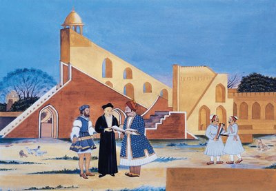 Pintura do Maharaja Sawai Jai Singh II, Jantar Mantar, Jaipur, Rajastão, Índia (aguarela sobre papel) de Indian School