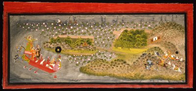 Maharana Jagat Singh II, hawking e caça ao javali, c.1740 (opaco w - c, prata e ouro no papel, montado em uma página de álbum) de Indian School