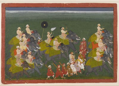 Maharana Sangram Singh de Mewar montando em uma procissão de elefante, Udaipur, Rajasthan, c.1730-40 (wc opaca e ouro no papel) de Indian School