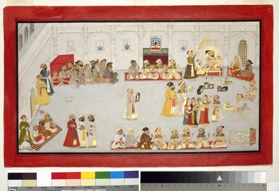 Maharana Sangram Singh com seus filhos e cortesãos, c.1715 (wc opaca e ouro sobre papel, montado em uma página de álbum) de Indian School