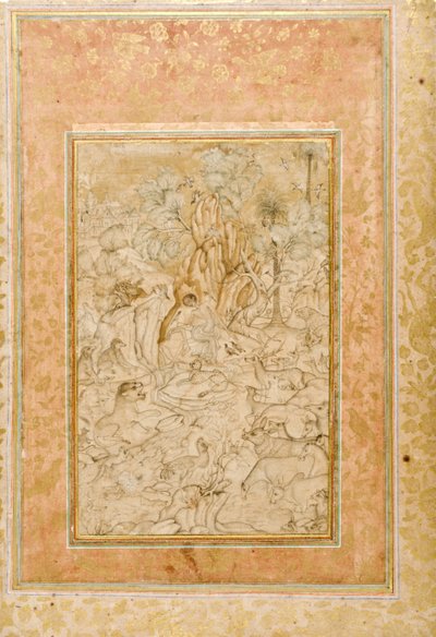 Majnun no deserto, c.1595 (wc opaca e ouro no papel) de Indian School