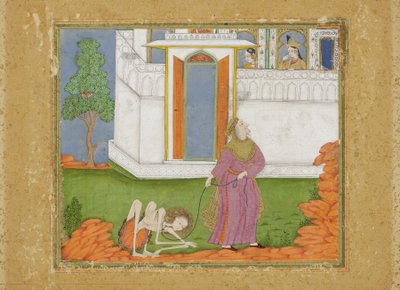 Majnun é reduzido a um estado abjeto, c.1700 (wc opaco e ouro no papel) de Indian School