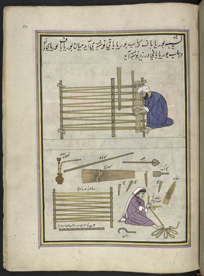 Fabricante de tapetes de palhetas divididas e a sua mulher fazendo tapetes, 86 desenhos encadernados num volume representando ofícios e profissões em Caxemira, Os artesãos são mostrados no trabalho com os seus utensílios e equipamento, Por um artista de Ca de Indian School