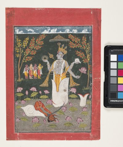 Matsya Avatar de Vishnu: A Matança de Sankh Asura (guache e folha de ouro sobre papel) de Indian School