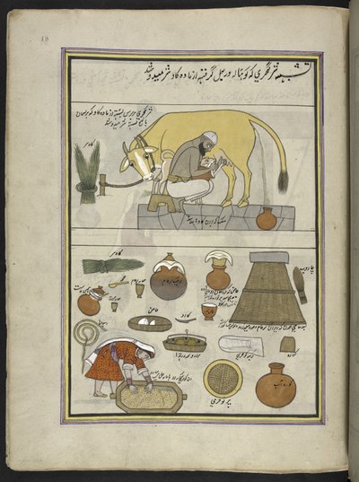 Milkman da casta e esposa de Gujar, 86 desenhos encadernados num volume representando ofícios e profissões em Caxemira, Artesãos são mostrados no trabalho com os seus utensílios e equipamento, Por um artista de Caxemira, provavelmente em Srinagar, c.1850-6 de Indian School