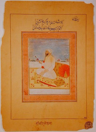 Miniatura de Saif Khan, Governador de Agra, índio, c.1670-80 (pigmentos minerais opacos sobre papel de palha) de Indian School