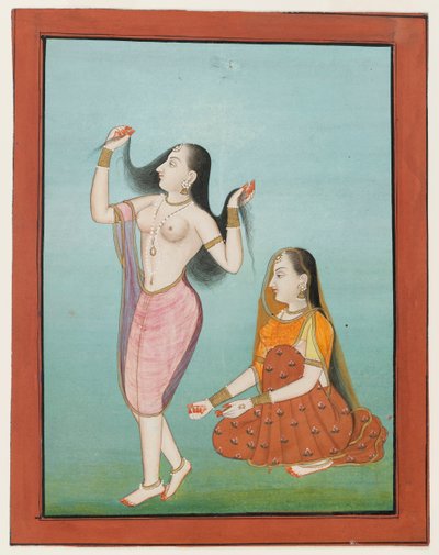 Pintura em miniatura de uma senhora em seu toilette (wc opaco e ouro em papel) de Indian School
