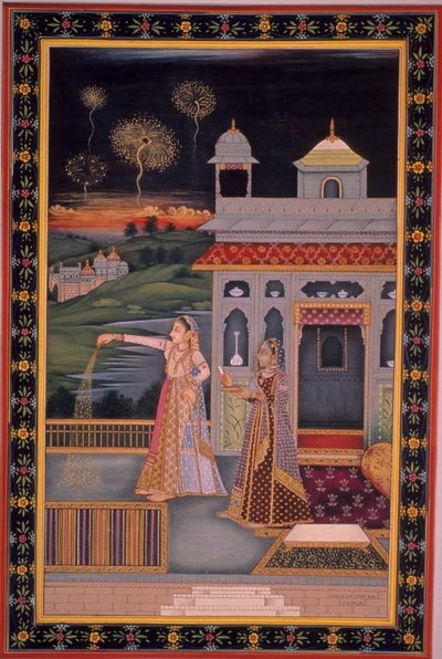 Pintura em miniatura de uma senhora a festejar o Festival de Diwali, Índia (aguarela sobre papel) de Indian School