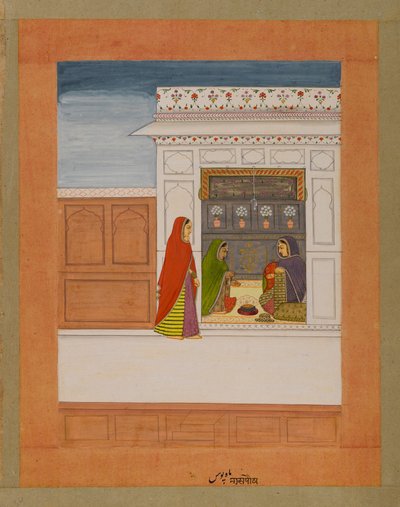 Mês de Pausha, página de uma série de Baramasa, c.1750 (wc e ouro sobre papel) de Indian School