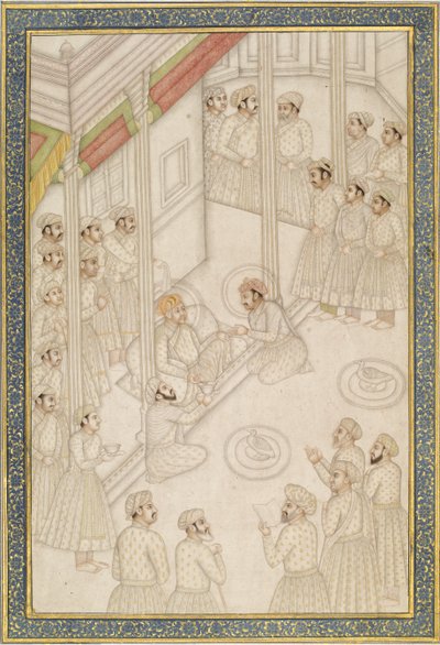 Mughal Emperor Akbar Holding Court Durante sua doença final, meados do século 18 (folha de álbum; pigmento com ouro em papel polido) de Indian School