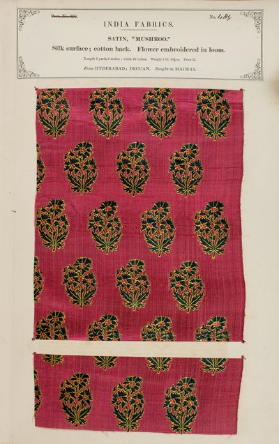 Amostra de cetim Mushroo de Hyderabad em Deccan, da Coleção de Fabricantes Têxteis da Índia, de John Forbes Watson, publicada em 1866 de Indian School
