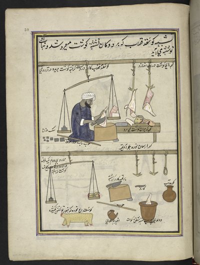 Açougueiro de carneiro,  86 desenhos encadernados em um volume representando ofícios e ocupações na Caxemira, artesãos são mostrados trabalhando com seus implementos e equipamentos,  Por um artista da Caxemira, provavelmente em Srinagar, c.1850-60 (guache  de Indian School