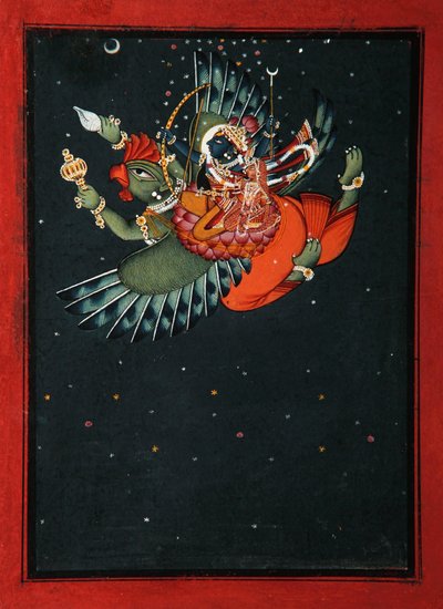 Nas asas de Garuda: Krishna e Satyabhama voam pelo céu noturno, c.1750 (wc opaco e ouro no papel) de Indian School