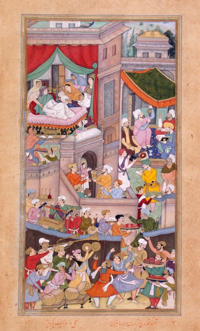 Ou. 12988, f.34v Astrólogos lançando horóscopos durante as celebrações do nascimento de Timur (1336) por Surdas Gujarati de Indian School