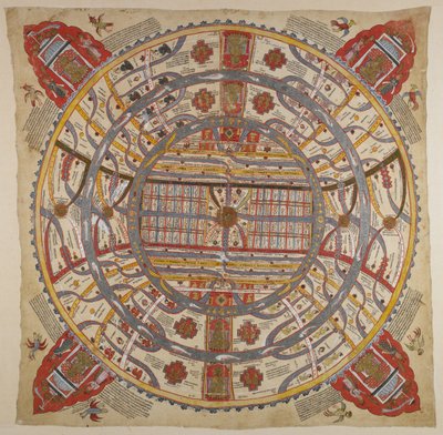 Ou 13937 f.1 Um Diagrama do Universo, com texto em sânscrito e guzerate (aquarela sobre tecido) de Indian School