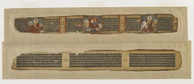 Parinirvana de Buda, de um manuscrito Prajnaparamita, Bengala ou Bihar, dinastia Pala-Sena (aguarela opaca e tinta na folha de palmeira) de Indian School