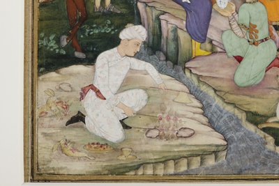Picnicking no decorrer de uma caçada, detalhe, c.1615 (wc opaca no papel) de Indian School
