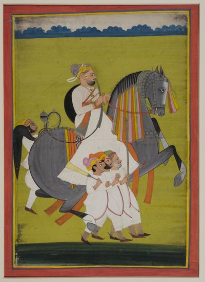 Retrato de Thakur Surtan Singh de Nimbaj, a cavalo com os atendentes a pé, 1820 (guache em papel indiano) de Indian School