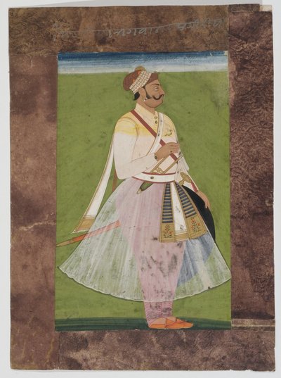 Retrato do chefe Rathor Bhagwan Das, do clã Mertia de Rian, Jodhpur, 1820 (guache montado em papel indiano com borda de papel pardo composto) de Indian School