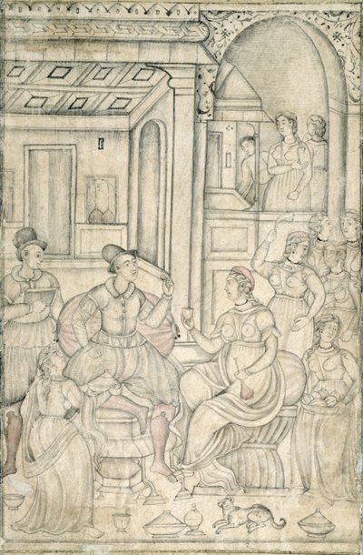Marinheiros portugueses com mulheres indianas (caneta e tinta e wc no papel) de Indian School